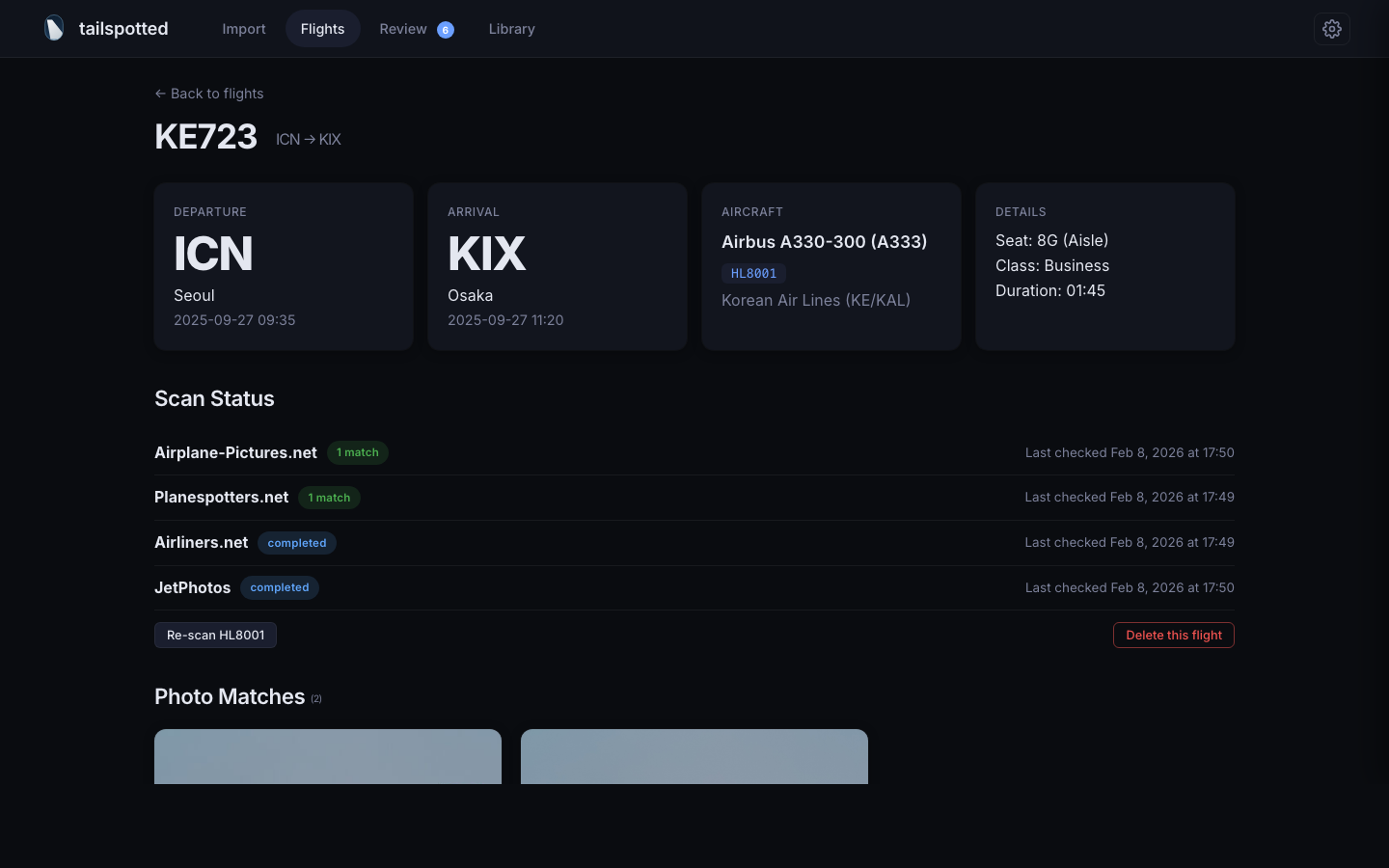 Flight detail page for KE723 ICN to KIX showing departure, arrival, aircraft, scan status across four sources, and photo matches