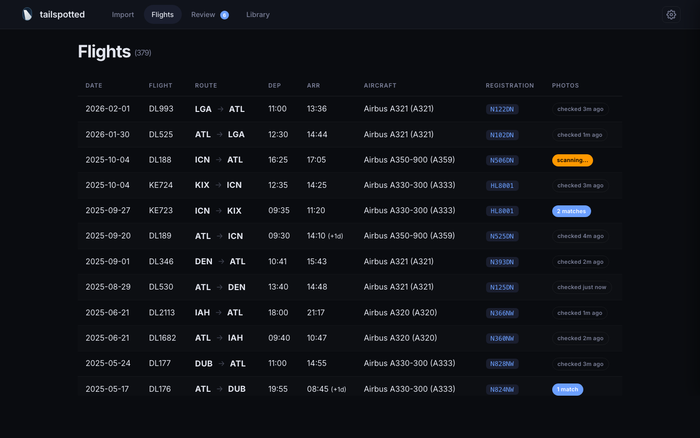 Flight list showing imported flights with registration codes, routes, and scrape status