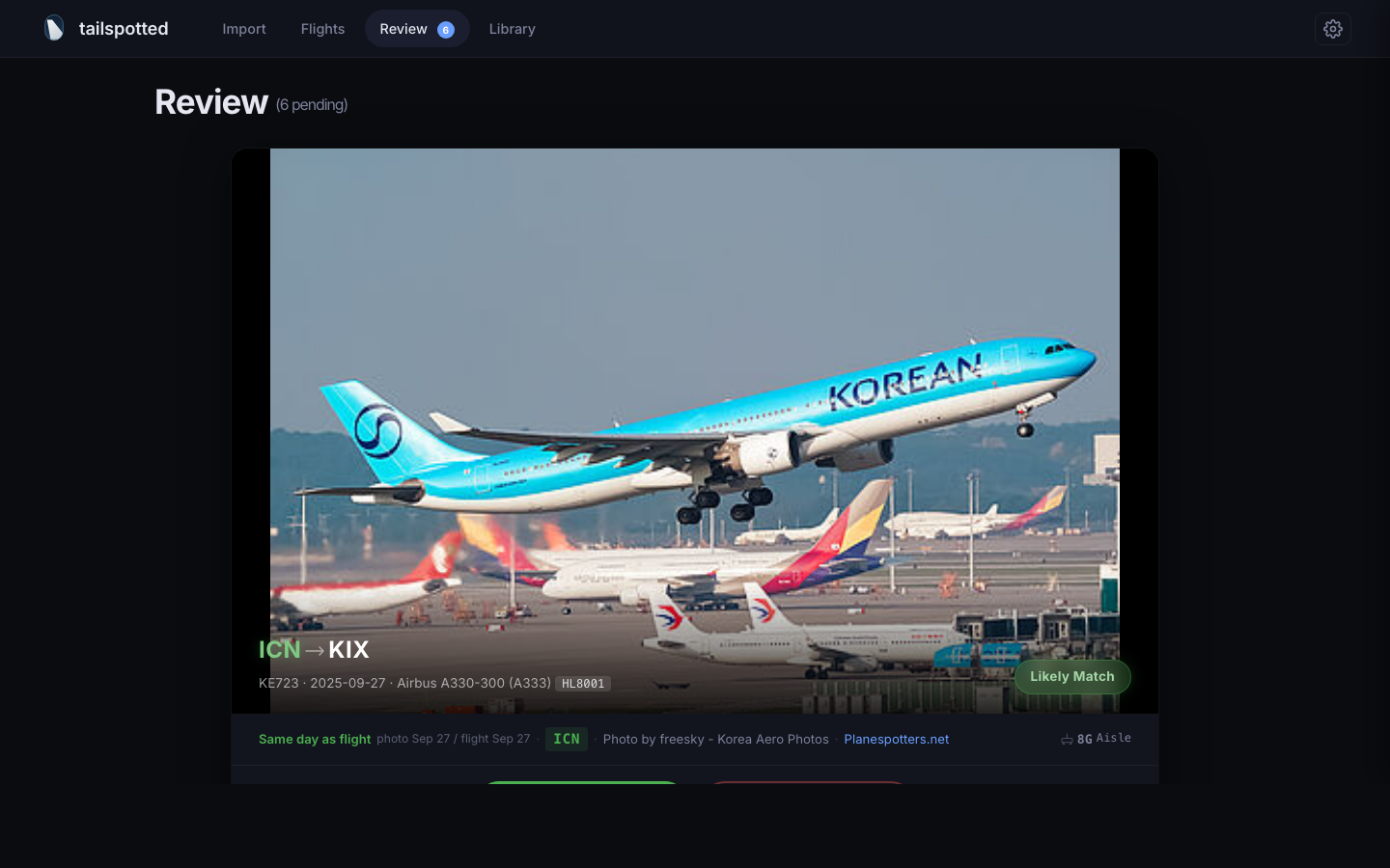 Photo review interface showing a matched Korean Air aircraft photo with match scoring and source tabs